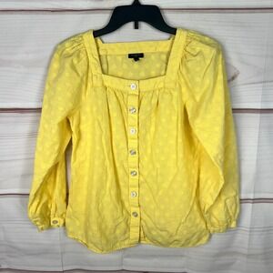 Talbots Top Womens PS Yellow Swiss Dot Blouse Cotton Button Front Square Neck